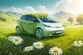 a green EV car surrounded by grass and flowers. ai generative Royalty Free Stock Photo
