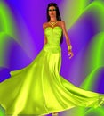 Green evening gown and a colorful background perfect for beauty and fashion themes. Royalty Free Stock Photo