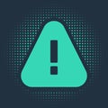 Green Exclamation mark in triangle icon isolated on blue background. Hazard warning sign, careful, attention, danger Royalty Free Stock Photo