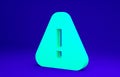 Green Exclamation mark in triangle icon isolated on blue background. Hazard warning sign, careful, attention, danger Royalty Free Stock Photo