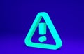 Green Exclamation mark in triangle icon isolated on blue background. Hazard warning sign, careful, attention, danger Royalty Free Stock Photo