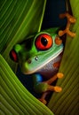 Green Exotix Frog At Jungle Leaf Macrophotography - Generative AI Royalty Free Stock Photo