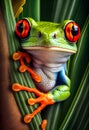 Green Exotix Frog At Jungle Leaf Macrophotography - Generative AI Royalty Free Stock Photo