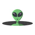 Green extraterrestrial looks out of a black space hole with a star. The alien`s large eyes are sparkling and friendly. Monster in