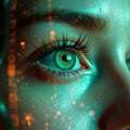 Green eye with digital data stream overlays. Futuristic vision concept. Abstract binary code. Human face with cybernetic Royalty Free Stock Photo