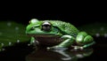 Green eyed toad sitting on wet leaf generated by AI