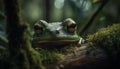 Green eyed tree frog sitting on wet leaf generated by AI