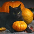 Green eyes black cat and orange pumpkins on gray cement background with autumn yellow dry fallen leaves. Royalty Free Stock Photo