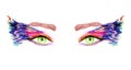 Green eyes with makeup, orange, pink and blue wings of butterfly shape eyeshadows