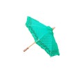 Green fabric lace umbrella wedding accessory with wood handle isolated on white background , clipping path Royalty Free Stock Photo