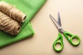 Green Fabric Scissors and Twine A Rustic Artisans Sewing Kit for Handmade Projects and Home Decor Royalty Free Stock Photo