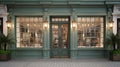 Elegant storefront with green facade and large windows showcasing merchandise Royalty Free Stock Photo