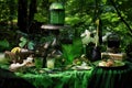 green fairy-themed picnic setup with absinthe