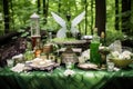 green fairy-themed picnic setup with absinthe