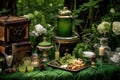 green fairy-themed picnic setup with absinthe