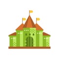 Green fairytale royal castle or palace building with brown roof vector illustration