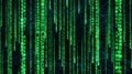 Green falling binary code rain on dark digital background inspired by futuristic matrix interface, with glowing numbers streaming Royalty Free Stock Photo