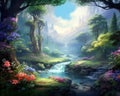 Green fantasy adventure forest flowers garden river Green fantasy adventure forest flowers garden