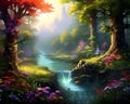 Green fantasy adventure forest flowers garden river Green fantasy adventure forest flowers garden