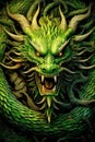 Green fantasy dragon. Chinese New Year 2024 zodiac sign, year of the Dragon. Mythological creature. Illustration of