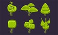 Green Fantasy Shape Trees Set, Fantastic Forest Elements, Game Ui Scenics Vector Illustration