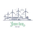 Green farm concept thin line vector illustration. Windmill energy as an alternative electricity resource. Outline style