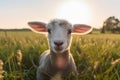 green farm lamb field sheep meadow animal sun wool grass. Generative AI.