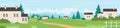 Green farm wide panorama landscape land at summer vector illustration. Cartoon rural nature landscape summer or spring Royalty Free Stock Photo