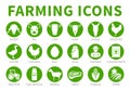 Green Farming or Farm Icon Set of Sheep, Pig, Cow, Goat, Horse, Rooster, Goose, Chicken, Egg, Milk, Farmer, Concentrate, Tractor,