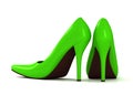 Green fashionable high-heeled shoes on white background