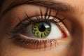 Green female eye with long eyelashes close-up. Generated by artificial intelligence