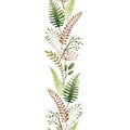 Green fern and forest herb seamless border. Watercolor illustration. Natural organic herb in elegant ornament. Hand