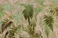 Green fern leaf and grass on beige background digital illustration in embroidery style. Creative botanical pattern. Psychedelic