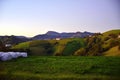 green fertile slopes at dawn. On the Way of St. James