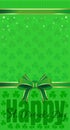 Green festive background with leafed clover, ribbon and bow. Happy St. Patricks Day