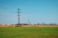 Green field and blue sky, in the distance power lines with many wires Royalty Free Stock Photo