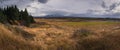 a green field with brown grass on top of it under cloudy skies Royalty Free Stock Photo