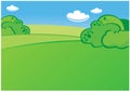 Green field with bushes, blue sky, white clouds vector illustration Royalty Free Stock Photo