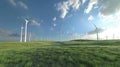 Green field and hills landscape with wind turbines in a sunny day with blue sky and puffy clouds Royalty Free Stock Photo