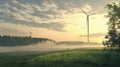 Green field and hills landscape with wind turbines in a sunny day with blue sky and puffy clouds Royalty Free Stock Photo