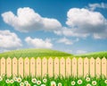 A Green field landscape from backyard with daisy flowers and wooden picket fence Royalty Free Stock Photo