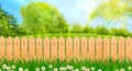 Green field landscape from backyard with daisy flowers and wooden picket fence, illustration Royalty Free Stock Photo