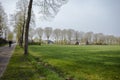 Green field and little village in the Netherland, people on bicycle in farm landscape Royalty Free Stock Photo