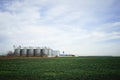 Green field and metallic silos in clrear sky Royalty Free Stock Photo