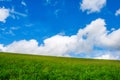 A Green field in the mountains with creamy clouds Royalty Free Stock Photo