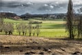 Green field with a narrow curvy pathway surrounded by bare trees under the storm clouds