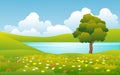 Green field nature landscape with flowers, lake and tree in countryside Royalty Free Stock Photo