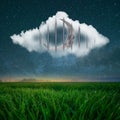 Green field and night sky with imprisoned moon