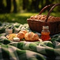 Green field picnic Fabric sheet, basket, croissants, and jam