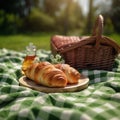 Green field picnic Fabric sheet, basket, croissants, and jam